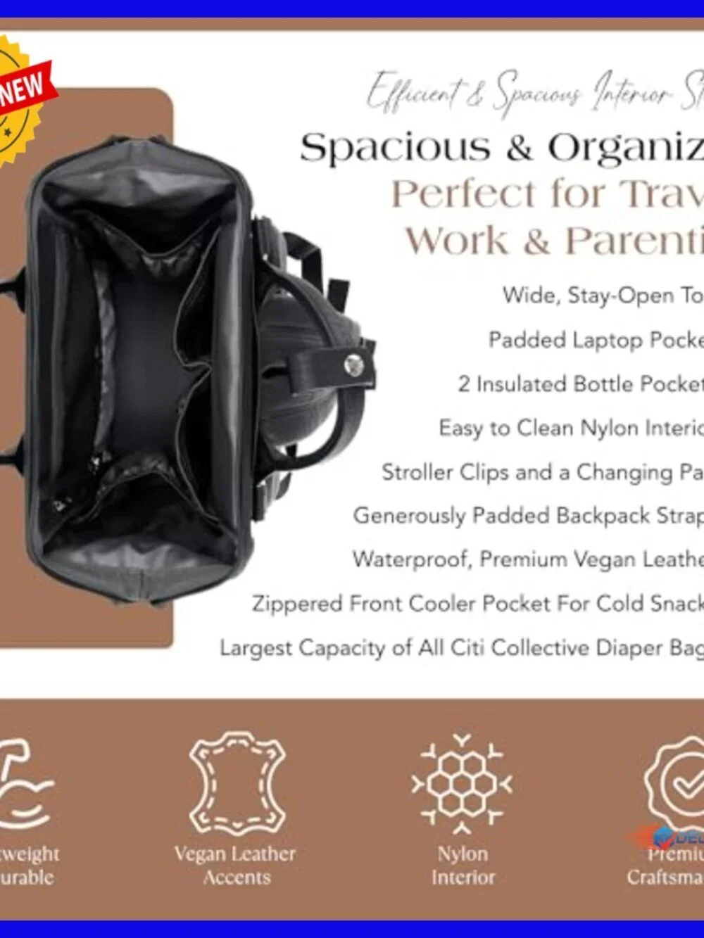 Large Vegan Leather Diaper Backpack with Insulated Pockets & Changing Pad